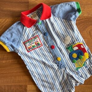 Vintage 90s Baby Romper Hat 3-6 Months Train Union Express Striped Infant